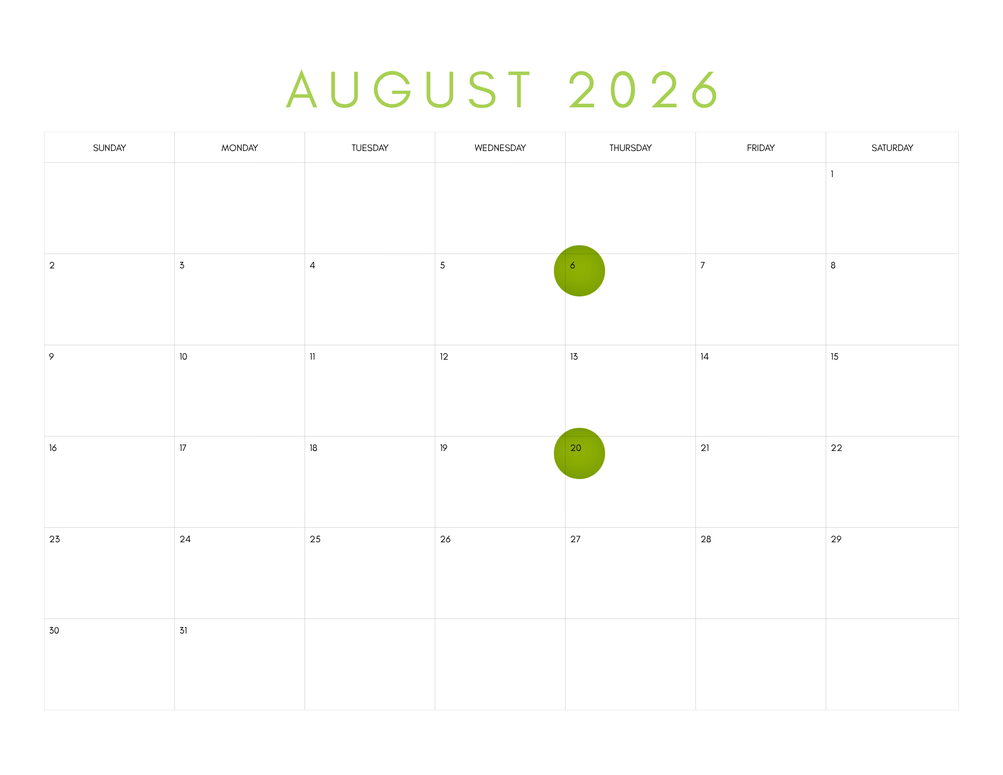 August 2026 Calendar 6th and 20th