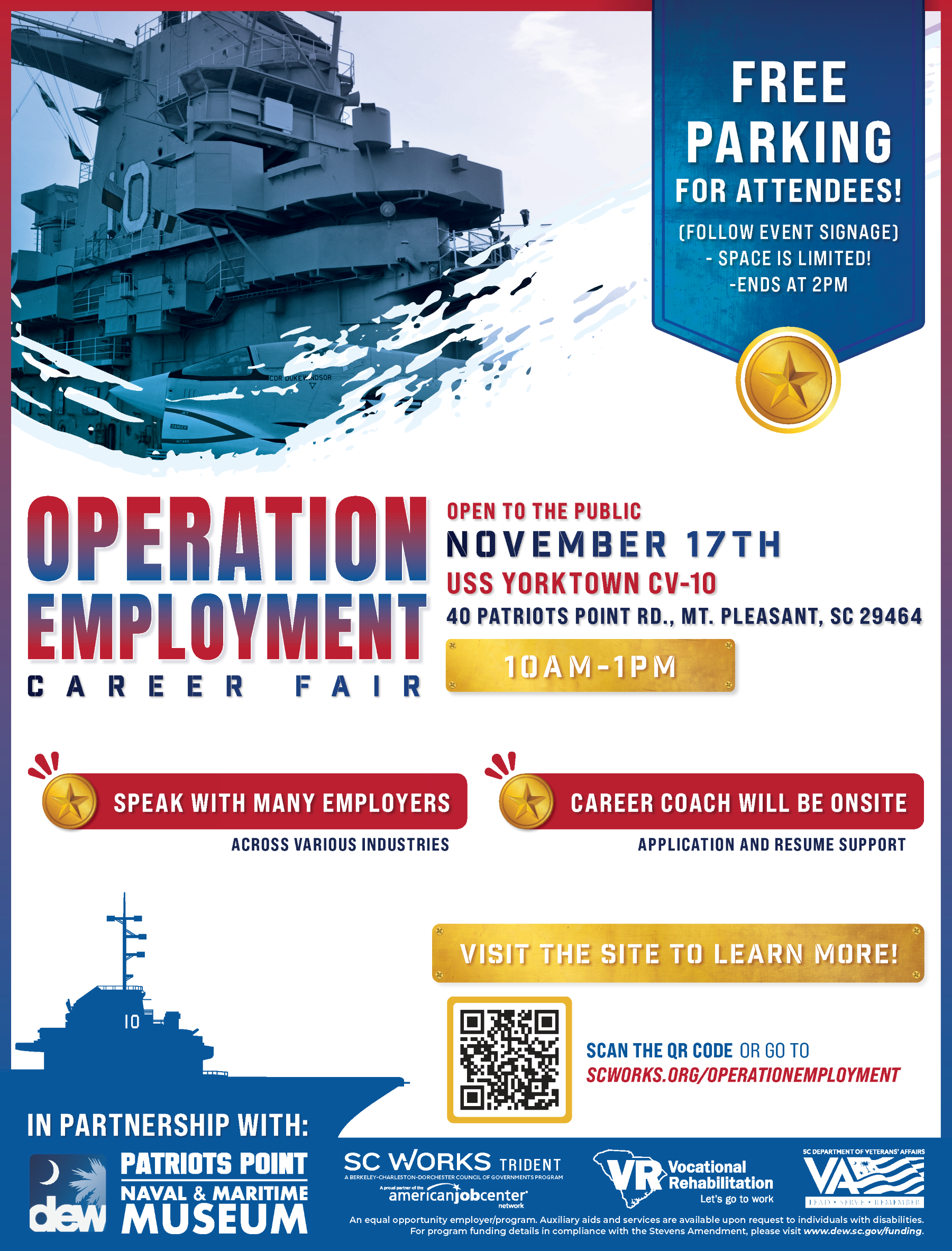 An event flyer PNG for the Operation Employment Career Fair. The flyer features the USS Yorktown ship in its design and includes day-of event details.